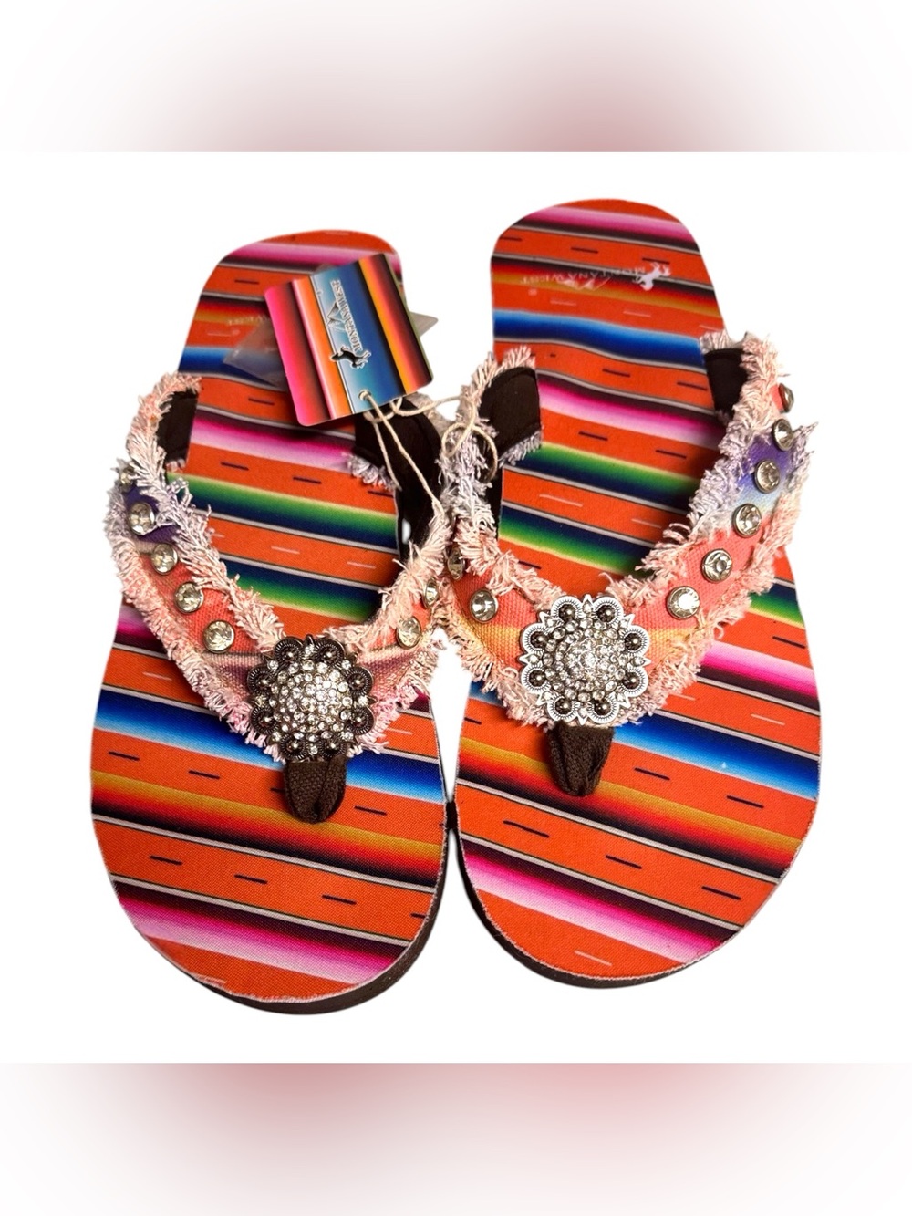 Montana West Coral Embellished Fringe Serape Flip-Flops Sz 10 NWT Southwestern